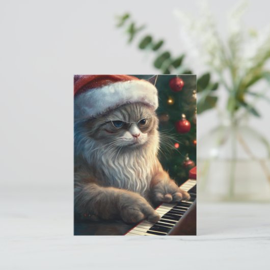 Santa Cat speelt piano Briefkaart (Staand voorkant)