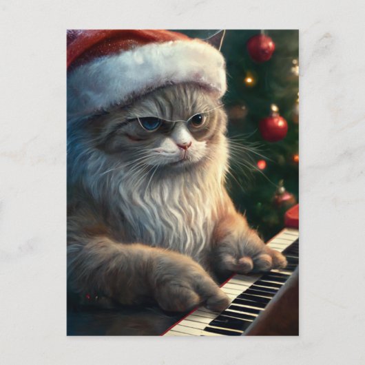 Santa Cat speelt piano Briefkaart (Voorkant)