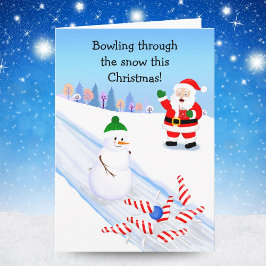 Santa Cheering Snowman Bowling Kaart