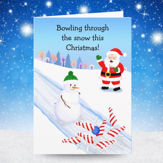 Santa Cheering Snowman Bowling Kaart