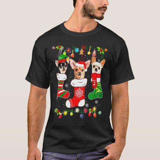 Santa Chihuahua Puppy Christmas Lights Socks Xmas  T-shirt (Voorkant)