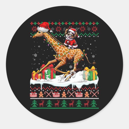 Santa Chihuahua Rijdende Giraffe Kersttrui L Ronde Sticker (Voorkant)
