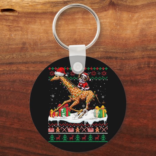 Santa Chihuahua Rijdende Giraffe Kersttrui L Sleutelhanger (Voorkant)