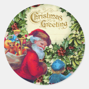 SANTA, CHILD, CHRISTMAS CROWN, HOLLYBERRY, MISTLET RONDE STICKER