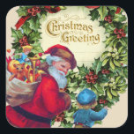 SANTA, CHILD, CHRISTMAS CROWN, HOLLYBERRY, MISTLET VIERKANTE STICKER<br><div class="desc">Kleurrijk  kerstontwerp met kerstman</div>