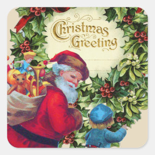 SANTA, CHILD, CHRISTMAS CROWN, HOLLYBERRY, MISTLET VIERKANTE STICKER