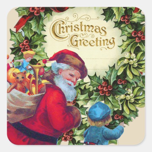 SANTA, CHILD, CHRISTMAS CROWN, HOLLYBERRY, MISTLET VIERKANTE STICKER (Voorkant)