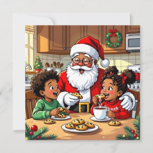 Santa & Children Eating Cookies & Cocoa Christmas Feestdagenkaart (Voorkant)