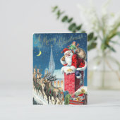 Santa Chimney Reindeer op Vintage-kerstscène Feestdagenkaart (Staand voorkant)