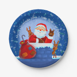 Santa Chimney Reindeer Sack Add Year Text Blue 7" Papieren Bordje
