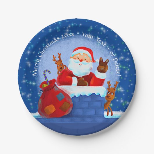 Santa Chimney Reindeer Sack Add Year Text Blue 7" Papieren Bordje (Voorkant)