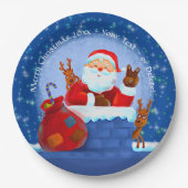 Santa Chimney Reindeer Sack Add Year Text Blue 9" Papieren Bordje (Voorkant)