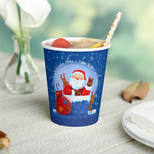 Santa Chimney Reindeerspack voegt jaartekst blauw  Papieren Bekers (Insitu)