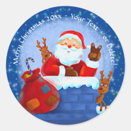 Santa Chimney Reindeerspack voegt jaartekst blauw  Ronde Sticker