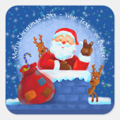 Santa Chimney Reindeerspack voegt jaartekst blauw Vierkante Sticker (Voorkant)