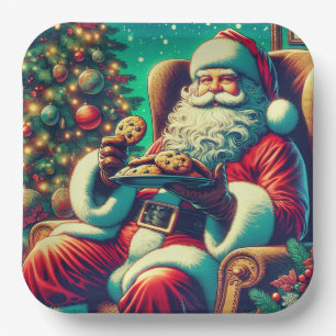 Santa Chocolade Chip Cookies   Vintage Kerstmis Papieren Bordje