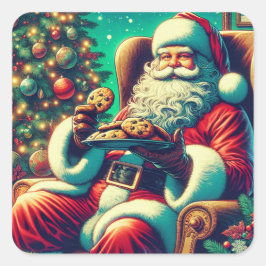 Santa Chocolade Chip Cookies | Vintage Kerstmis Vierkante Sticker