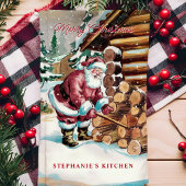 Santa Chopping Firewood Gepersonaliseerde Kerst Theedoek