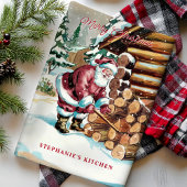 Santa Chopping Firewood Gepersonaliseerde Kerst Theedoek