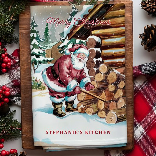 Santa Chopping Firewood Gepersonaliseerde Kerst Theedoek