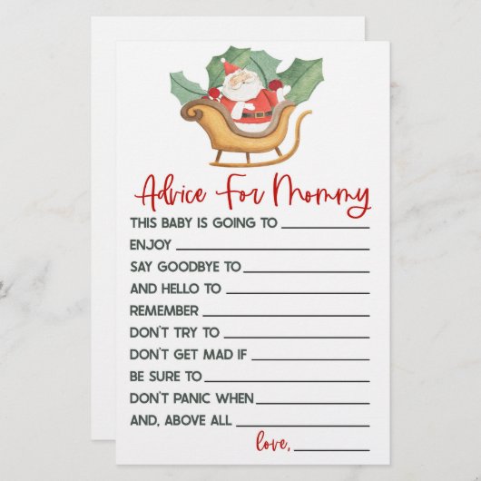 Santa Christmas Advies Baby shower Spel Activiteit Briefpapier (Voorkant / Achterkant)