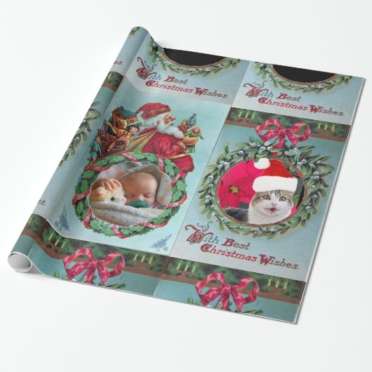 SANTA, CHRISTMAS CROWN, RED RIBBON FOTO TEMPLATE CADEAUPAPIER (Uitgerold)