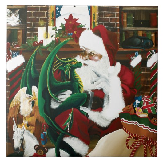 Santa Christmas Dragon Fantasie Tegeltje (Voorkant)