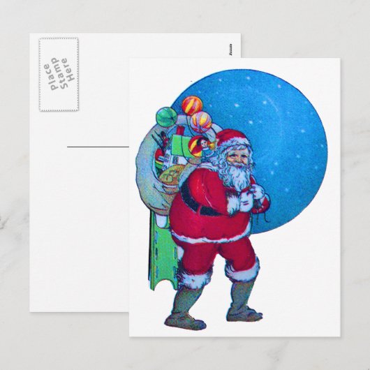 SANTA, CHRISTMAS GIFT SACK EN TOYS IN STARRY SKY FEESTDAGENKAART (Voorkant / Achterkant)