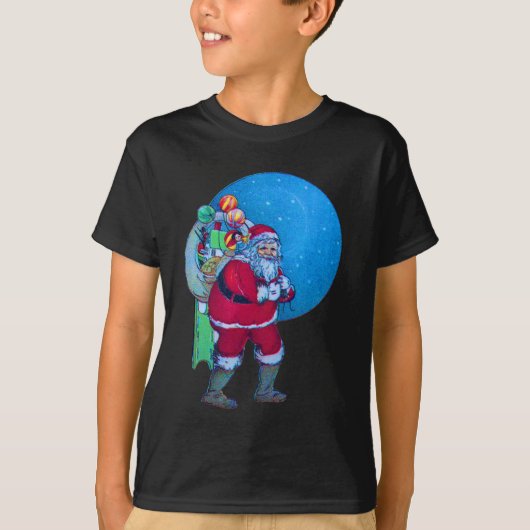 SANTA, CHRISTMAS GIFT SACK EN TOYS IN STARRY SKY T-SHIRT (Voorkant)