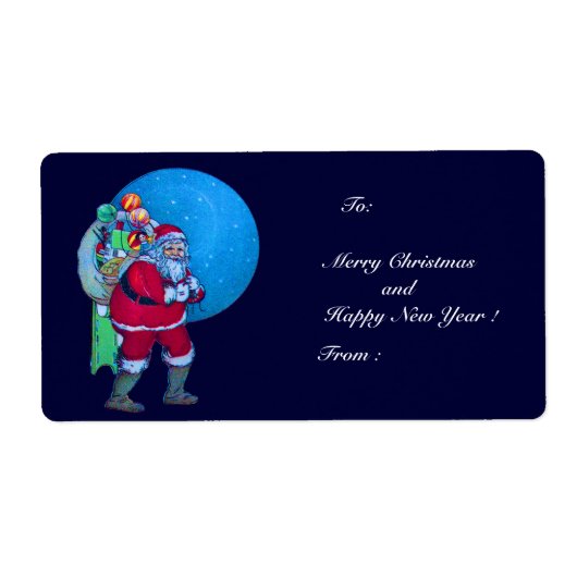  SANTA, CHRISTMAS SACK, TOYS IN STARRY SKY ETIKET (Voorkant)