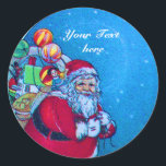 SANTA, CHRISTMAS SACK, TOYS IN STARRY SKY RONDE STICKER<br><div class="desc">Een elegante en kleurrijke  uitwerking met de Kerstman,  die gemakkelijk kan worden aangepast met jouw tekst.</div>