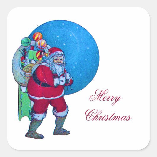 SANTA, CHRISTMAS SACK, TOYS IN STARRY SKY VIERKANTE STICKER (Voorkant)