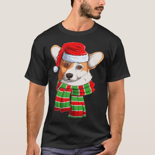 Santa Christmas Tree Lights Xmas Scarf Corgi T-shirt (Voorkant)