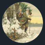Santa Christmas Victoriaans vakantie Ronde Sticker<br><div class="desc">Het is Kerstmis! Voor een zeer ouderwetse vakantie is dit vintage beeld van een Victoriaans briefkaart,  dat de kerstman toont met zijn gloednieuwe kerstboom.</div>