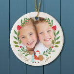 Santa Christmas Wreath Foto Keramisch Ornament<br><div class="desc">Voorkant met krans en schattige kerstman - achterzijde met Schattige kerstpatroon ontwerp op achterzijde met handgetekende sneeuwpoppen,  rendieren,  hulst,  natuur, </div>