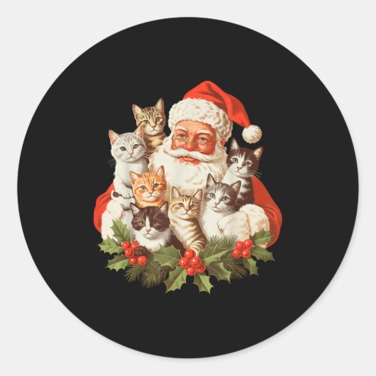 Santa Claus And Kittens Cats Christmas Ronde Sticker (Voorkant)