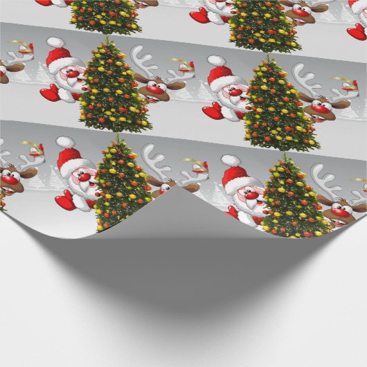 Santa claus and reindeer behind a christmas tree.j cadeaupapier (Hoek)