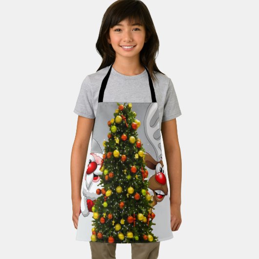 Santa claus and reindeer behind a christmas tree.j schort (Insitu)