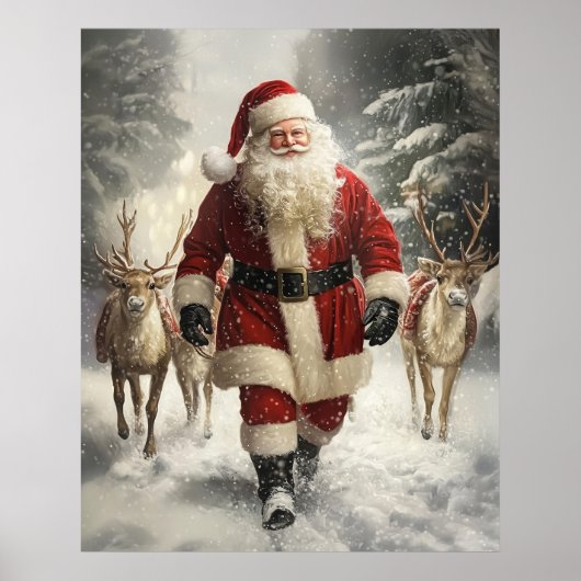 Santa Claus and Reindeer Christmas Wall Art Poster (Voorkant)