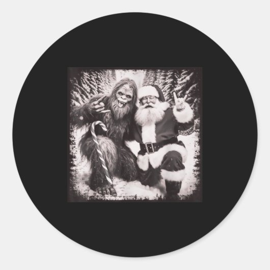 Santa Claus And Sasquatch Bigfoot Funny Joyful Sno Ronde Sticker (Voorkant)