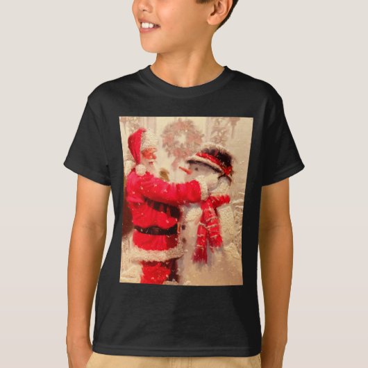 Santa Claus And Snowman In Snowfall T-shirt (Voorkant)