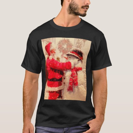 Santa Claus And Snowman In Snowfall T-shirt (Voorkant)
