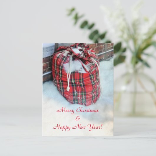 Santa Claus Bag in sneeuw Feestdagenkaart (Staand voorkant)