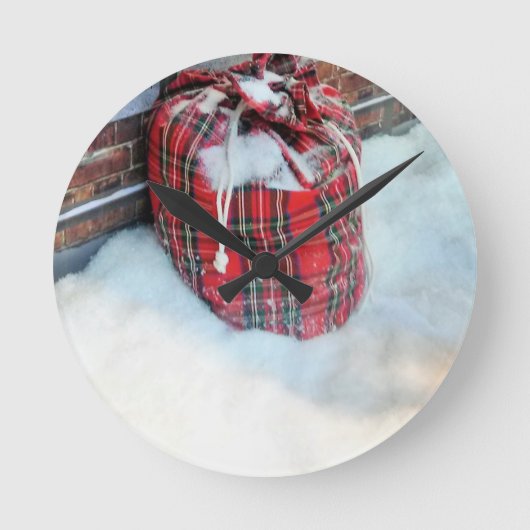 Santa Claus Bag in sneeuw Ronde Klok (Voorkant)