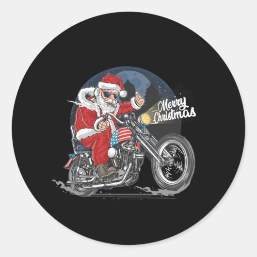 Santa Claus Biker US Flag Motorcycle kerstcadeau Ronde Sticker (Voorkant)