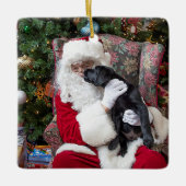 Santa Claus Black Labrador-kerstpop Keramisch Ornament (Voorkant)