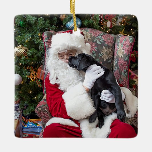 Santa Claus Black Labrador-kerstpop Keramisch Ornament (Voorkant)