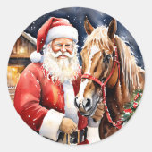 Santa Claus Brown Horse | Rustiek Boerderij Kerst Ronde Sticker (Voorkant)