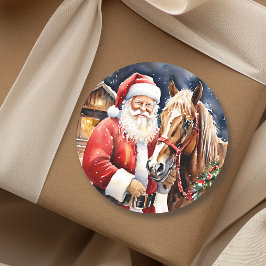 Santa Claus Brown Horse | Rustiek Boerderij Kerst Ronde Sticker