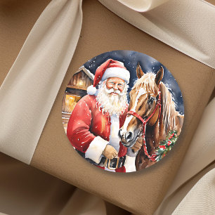 Santa Claus Brown Horse   Rustiek Boerderij Kerst Ronde Sticker
